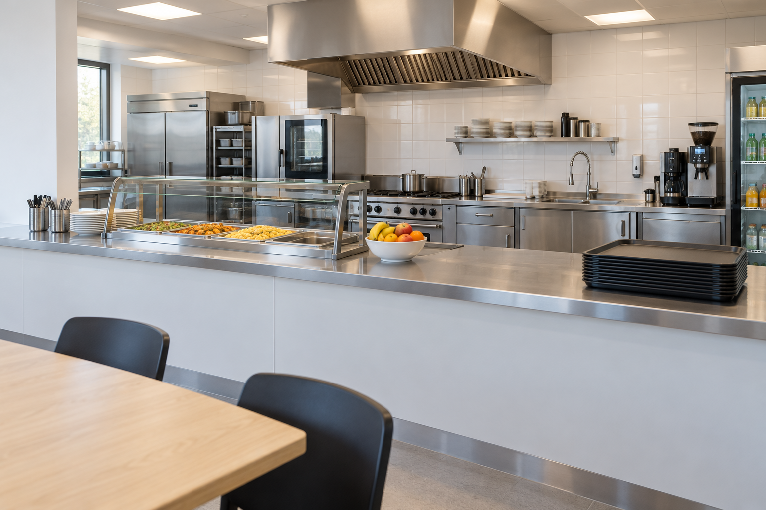 Illustratieve sfeerimpressie van een eenvoudige bedrijfskantine met open keuken en uitgiftebalie